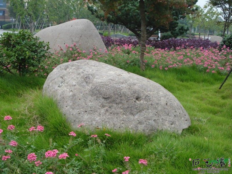 花丛放置园林石头